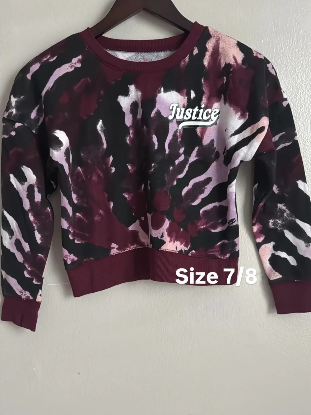 Justice Maroon, Light Pink & Black Tie-Dye Cropped Sweatshirt